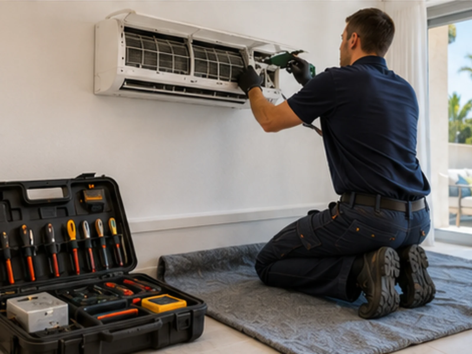 Air conditioning engineer servicing a wall-mounted unit on the Costa del Sol
