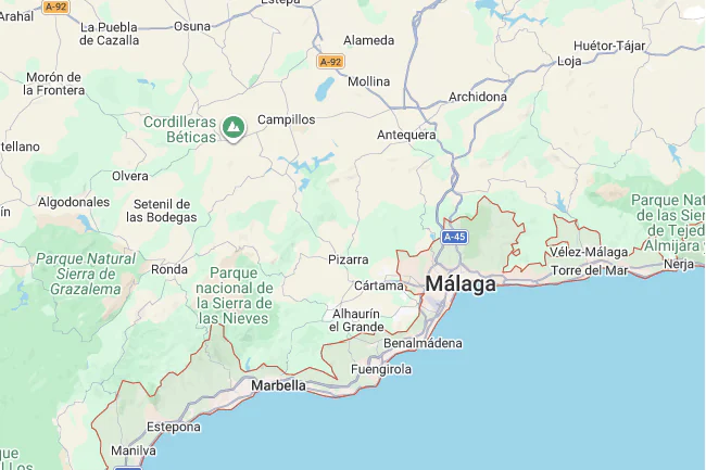 Stylised map of the southern Spain coastline showing the Costa del Sol from Nerja in the east to Gibraltar in the west, with Marbella, Malaga, Estepona, Mijas and Fuengirola labelled