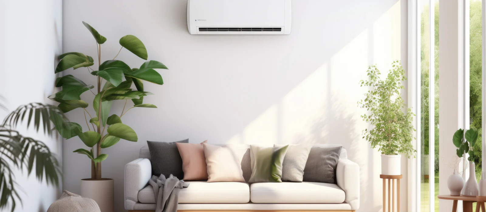 Wall-mounted air conditioning unit in a bright, modern living room with plants and a sofa