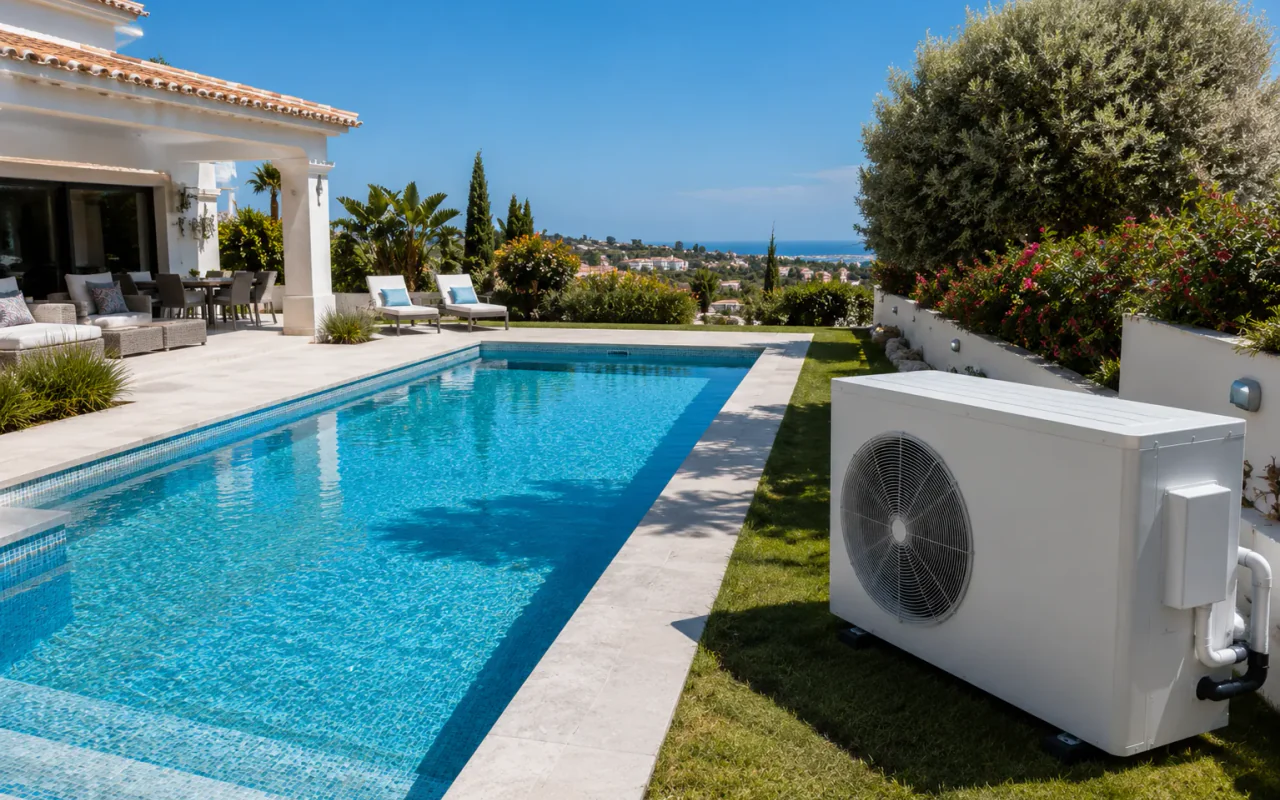 Pool heat pump beside a Costa del Sol swimming pool