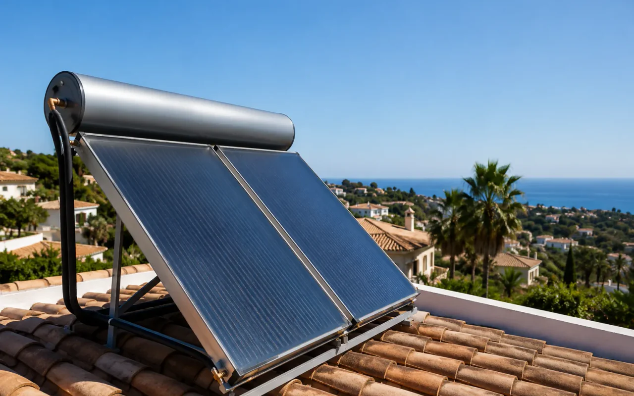 Solar hot water system on a sunny Costa del Sol rooftop