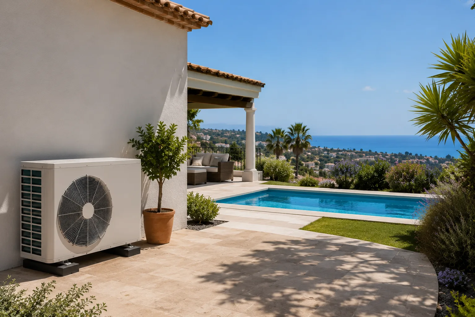 Costa del Sol home with outdoor air conditioning equipment and pool