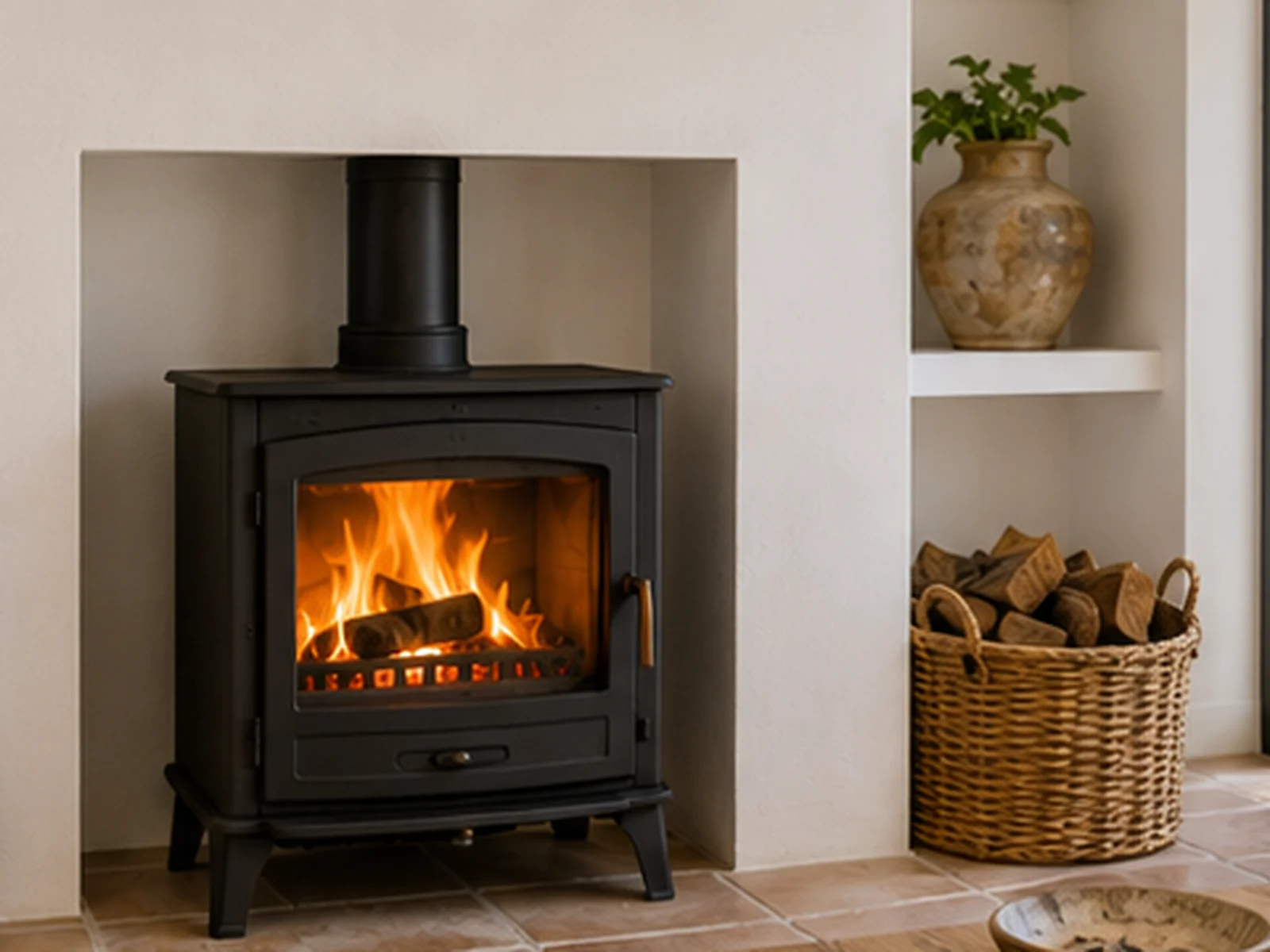 Wood-burning stove installed in a fireplace recess